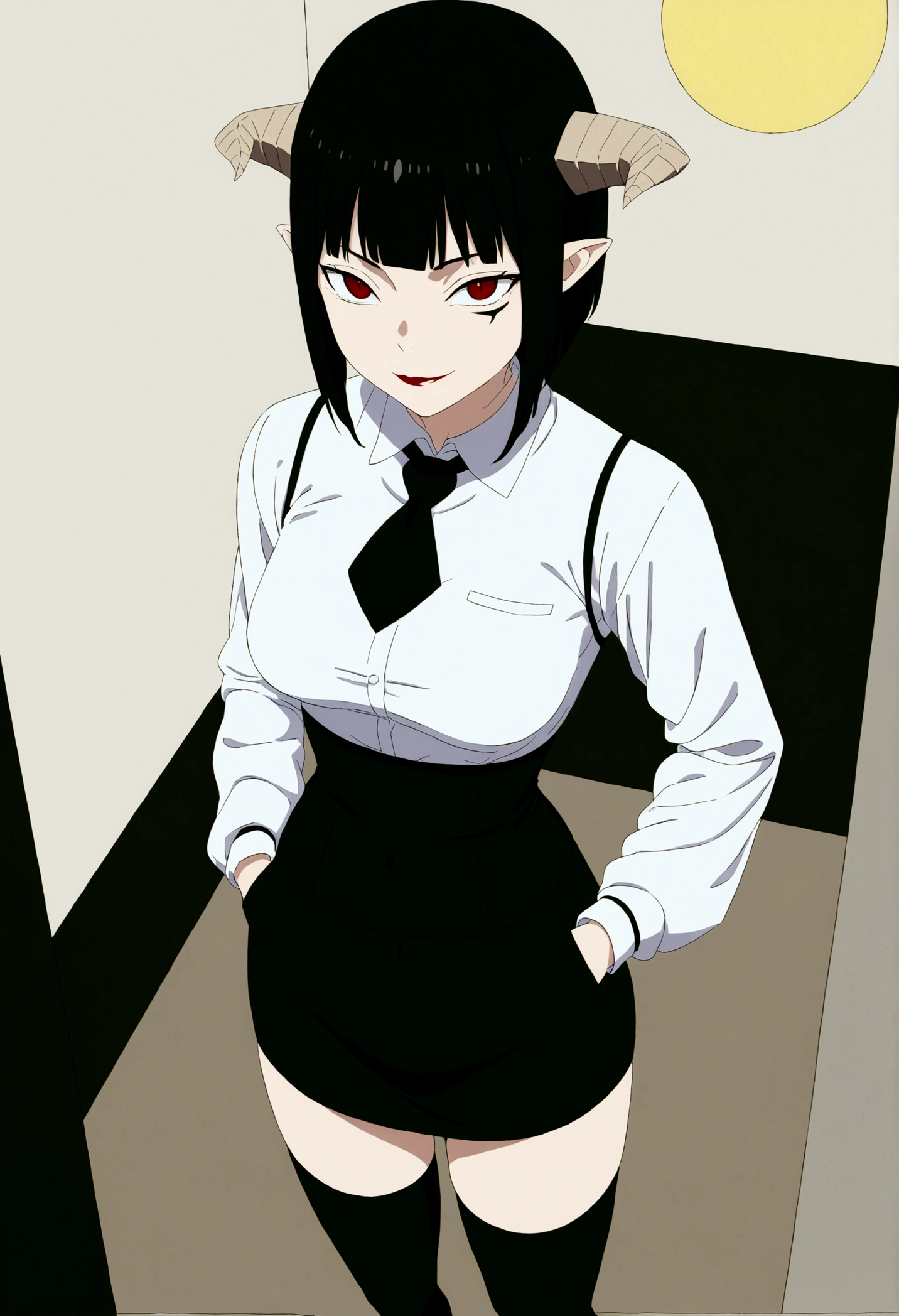 ,hands in pocket,work of art, tight white secretary shirt with black tie, black high waist skirt, short skirt,stocking, black hair, black tightscary sun,office,bangs on the eyes,lighting,horn of hair,view from above,evil smile,linda,staring overhead
