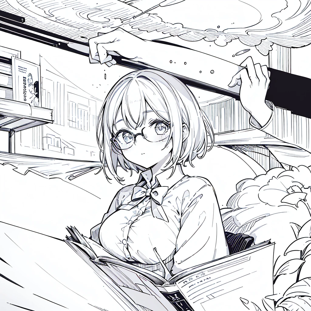 A girl,close up, wearing white shirt, reading a book, (best quality:1.3), (highres:1), (detailed:1.3), (incredible:1.3), (perfect:1.3), (perfection:1.3), (illustration:1.3), she's getting fun while reading it, dynamic on scene,Big Breasts、Glasses