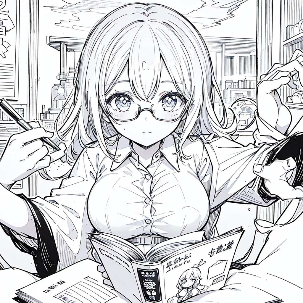 A girl,close up, wearing white shirt, reading a book, (best quality:1.3), (highres:1), (detailed:1.3), (incredible:1.3), (perfect:1.3), (perfection:1.3), (illustration:1.3), she's getting fun while reading it, dynamic on scene,Big Breasts、Glasses