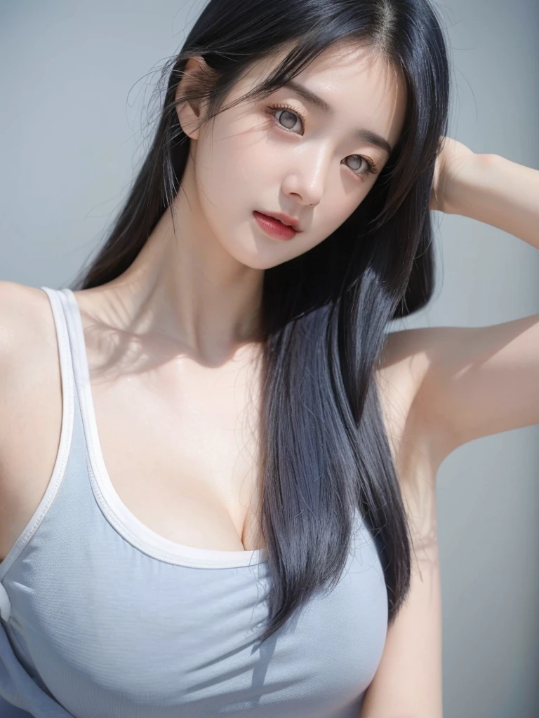 1 Girl, Beautiful, , 20 Years Old, White Skin, Large Breasts, Sleeveless, Cleavage, White Modern Oversize T-shirt, Posing For Photos, Beautiful Blue Sea, Blue Sky, Grey Hair, Silver Straight Hair, ((adorable:1.1)), ((masterpiece:1.1)), Sleepy Cute Face