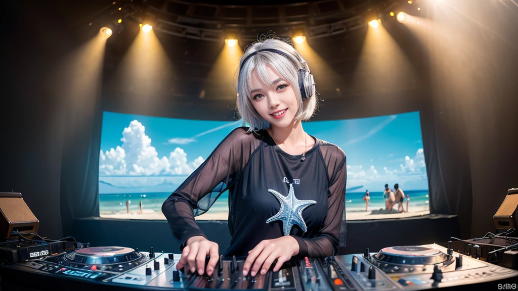 (ultra - detailed, 16K resolution, Cinema lenses, rendering by octane), (high resolution:1.18), intricate detail, (masterpiece:1.1), (highest quality:1.1), (1girl, portrait, white hair, blue eyes, short hair, detailed eyes),Wearing silver DJ headphones, Shiny silver sequined T-shirt, (in the beach:1.5), (Iconic hip-hop pop costumes:1.3), Smile while DJing on stage, ((A stylish DJ stage on a hill overlooking the beach)), full body shot, Photorealistic photography by Sunshine, (cute round face:1.3), perfect fingers, five fingers, beautiful hands, perfect hands. master peace, cute smile.