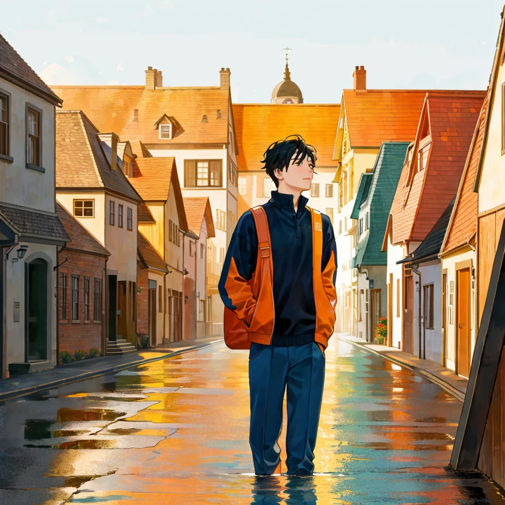 Background: A street with houses, reflecting an urban setting.
I want it as a separator in the book, I don't want a person, just the background... and that one of the primary colors is orange