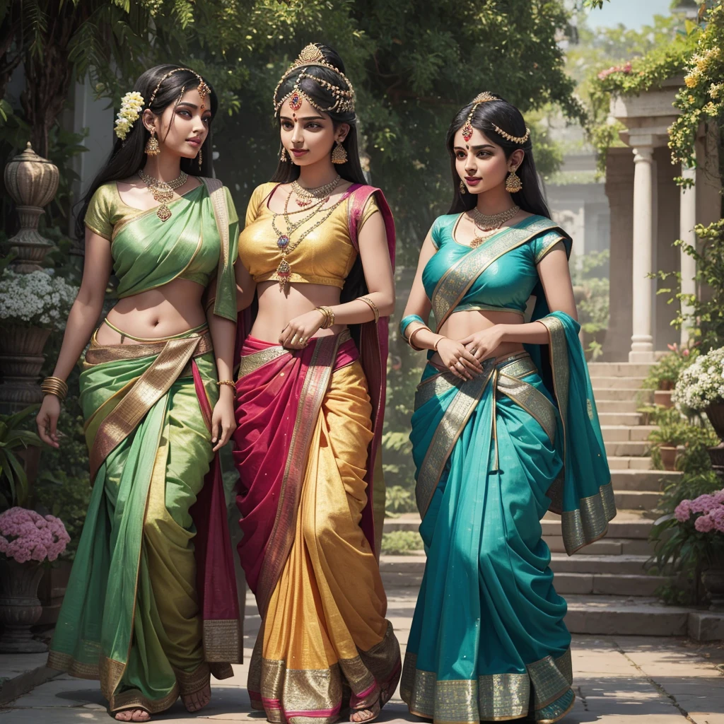 two women in saris are dancing in a garden, indian art, painting of beautiful, beautiful women, a beautiful artwork illustration, beautiful depiction, beautiful goddess, beautiful digital artwork, godesses, hindu art, beautiful painting of friends, goddess art, beautiful godrays, dancers, godess, indian goddess, hindu aesthetic, beautiful art uhd 4 k, very very huge breast