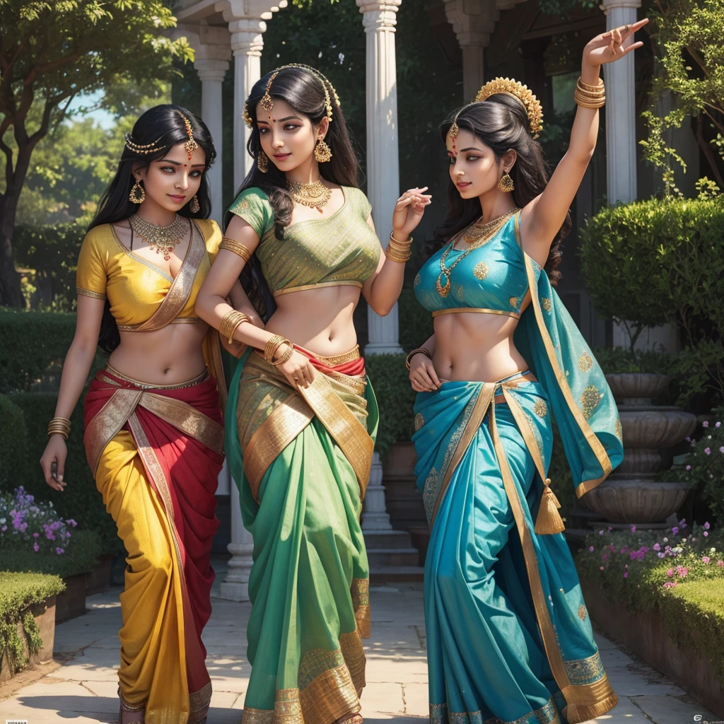 two women in saris are dancing in a garden, indian art, painting of beautiful, beautiful women, a beautiful artwork illustration, beautiful depiction, beautiful goddess, beautiful digital artwork, godesses, hindu art, beautiful painting of friends, goddess art, beautiful godrays, dancers, godess, indian goddess, hindu aesthetic, beautiful art uhd 4 k, very very huge breast 