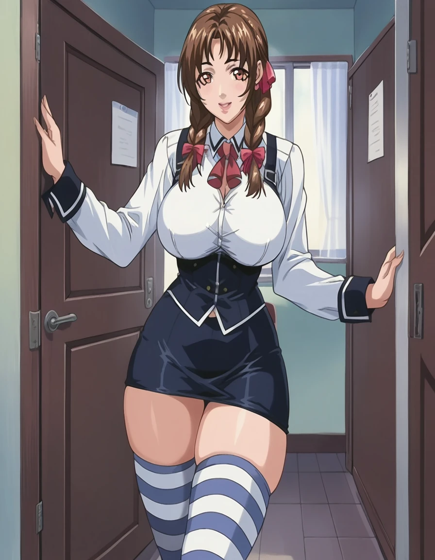 score_9, score_8_up, source_anime Bibl3, cute girl, brown hair, twin braid hair, hair ornament, hair ribbon, school skirt, huge breasts, heavy breasts, breast expansion, full lips, vivid lips, wide hips, thick thighs, striped stockings, viewed from front, doorway of school office, soft smile, innocent expression, face focus, looking at viewer, raised eyebrows, detailed eyes, detailed face, pretty woman, morning