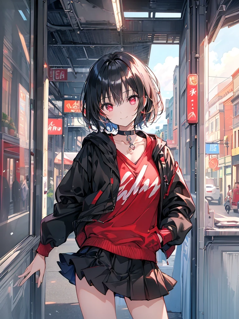 (masterpiece, highest quality, highest quality, (No text), Beautiful and aesthetic:1.2),No text,アニメ、BREAK,One Girl,Black Hair Girl short hair older sister choker Tree Eyes Beautiful eyes Red eyes cool smile Red and Black Black jacket mini skirt whole body In town