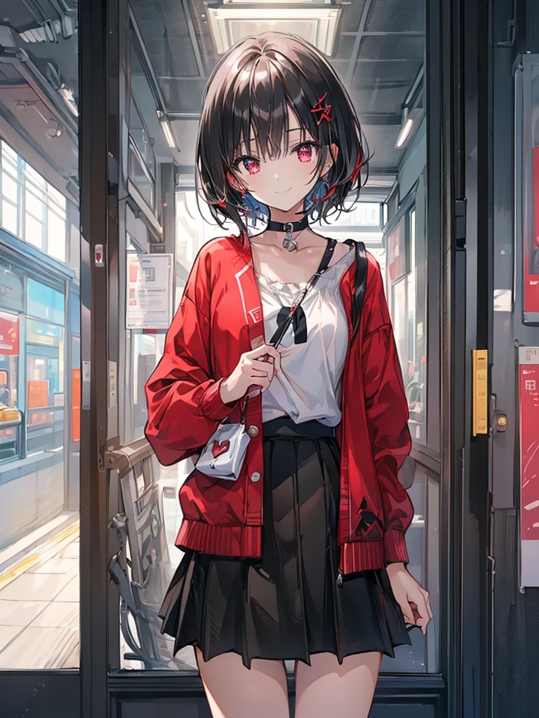 (masterpiece, highest quality, highest quality, (No text), Beautiful and aesthetic:1.2),No text,アニメ、BREAK,One Girl,Black Hair Girl short hair older sister choker Tree Eyes Beautiful eyes Red eyes cool smile Red and Black Black jacket mini skirt whole body In town