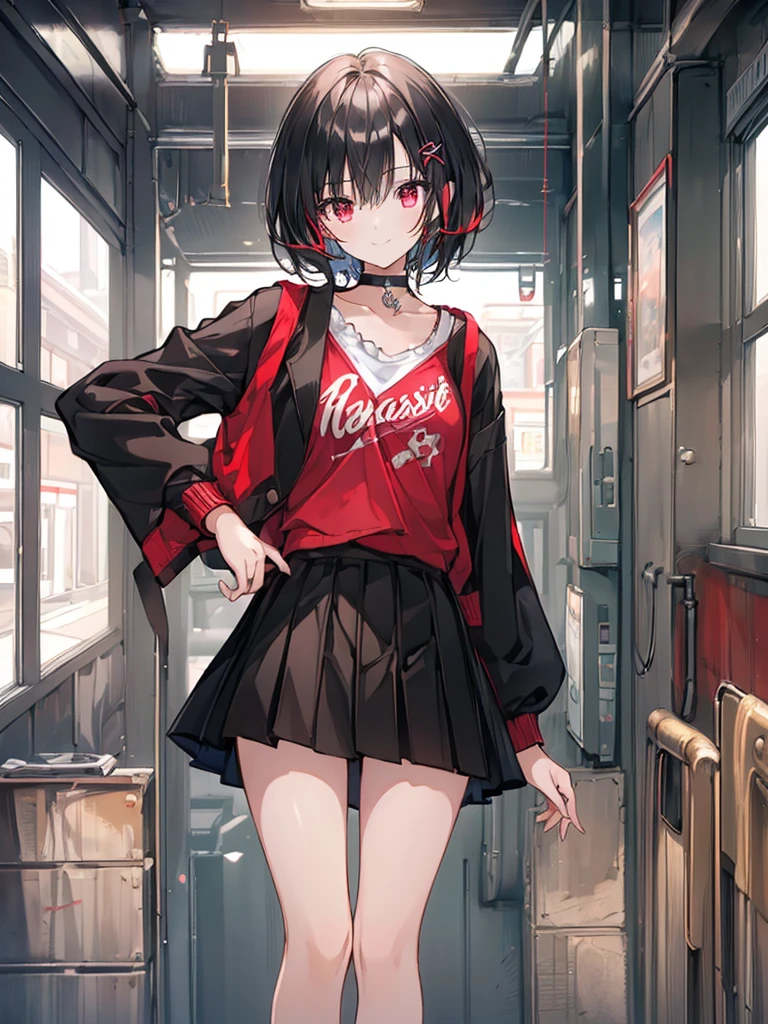 (masterpiece, highest quality, highest quality, (No text), Beautiful and aesthetic:1.2),No text,アニメ、BREAK,One Girl,Black Hair Girl short hair older sister choker Tree Eyes Beautiful eyes Red eyes cool smile Red and Black Black jacket mini skirt whole body In town