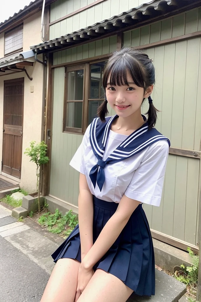 girls in old-Japanese town on school trips,white sailor shirt,navy blue pleated skirt,18-year-old,bangs,a little smile,thighs,knees,short hair with low pigtails bunches,from below,front light