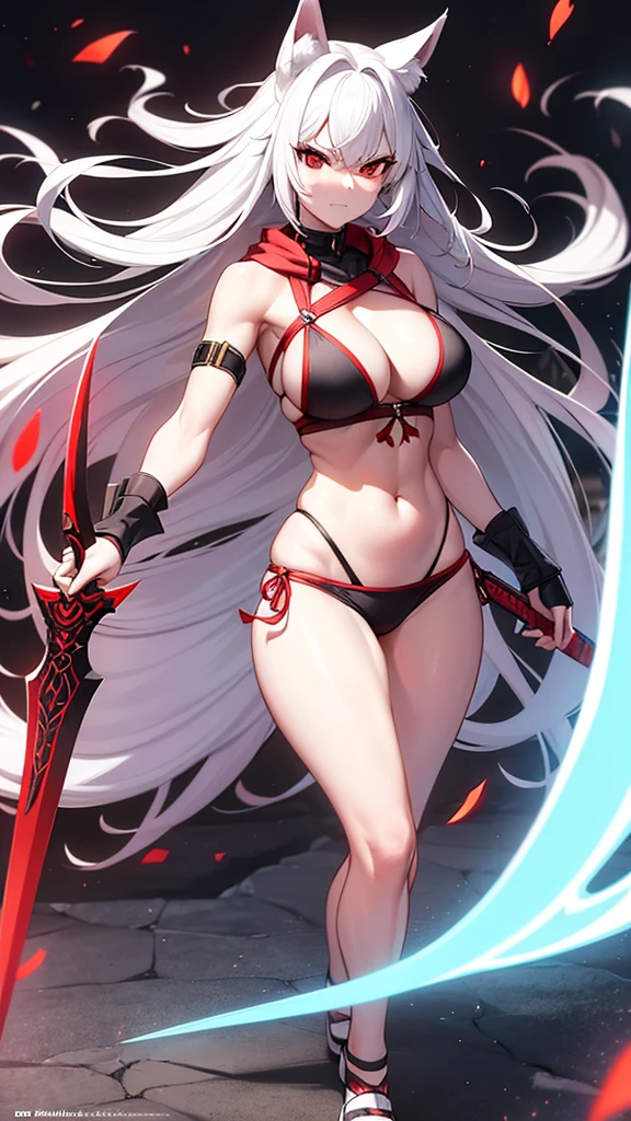 An adult woman, half fox and wolf, white hair, red eyes, wide breasts, very angry, standing, in a bikini, holding a sword