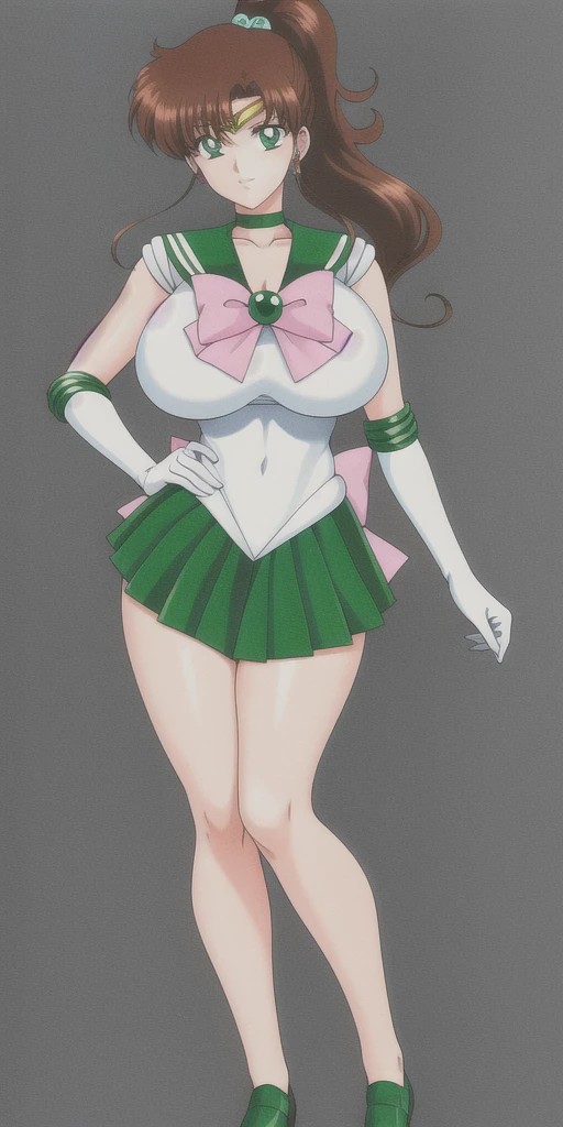 kino_makoto, huge_breasts, standing, solo, White_leotard_Green_sailor_collar_Green_miniskirt_White_gloves_Green_choker_Pink_bowtie_Pink_back_bow_Circlet_Green_brooch_Short_sleeves, masterpiece, best quality, detailed face, detailed eyes, highres, full body, hands down