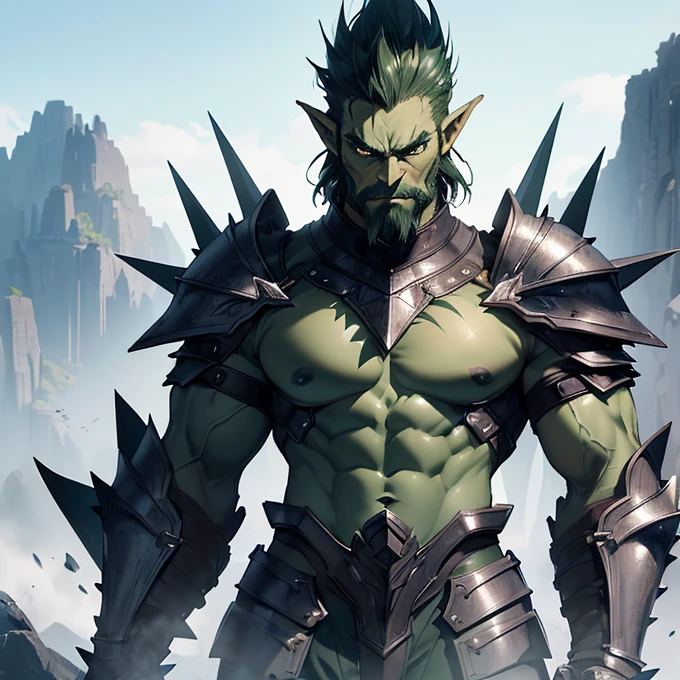 (absurdres, best high quality image, carefuly detailed features and textures, very detailed image, solo character alone, full character body and design): {{(1character: mature male adult green orc), (green green skin, black short beard, short spiky black hair, silvered eyes with black pupils, sharp teeth, prominent jaw's tusks, muscular balanced body, short pointy ears, 1,90 height sized shape), (blue bulky armor, big shoulder plates adorned with sharp silver spikes, armored hips with blue plates, black fingerless gloves, blue steel boots), (relaxed demeanor, imponent pose witj fists over hips), (green hilled plain, sunny blue sky)}}