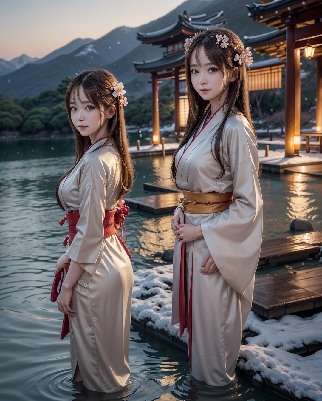 asuna, work of art, best qualityer, detailded, (1 girl), standing alone, detailded golden eyes, long hair, standing, close to viewer, (detailded kimono), drlight smile, medium breasts, (arms behind the back), water, SUNSET, (hair ornament), (Sakura flower), snow mountain lake in the background