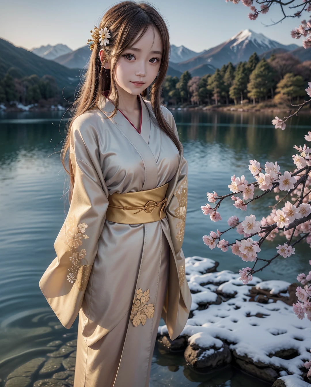 asuna, work of art, best qualityer, detailded, (1 girl), standing alone, detailded golden eyes, long hair, standing, close to viewer, (detailded kimono), drlight smile, medium breasts, (arms behind the back), water, SUNSET, (hair ornament), (Sakura flower), snow mountain lake in the background