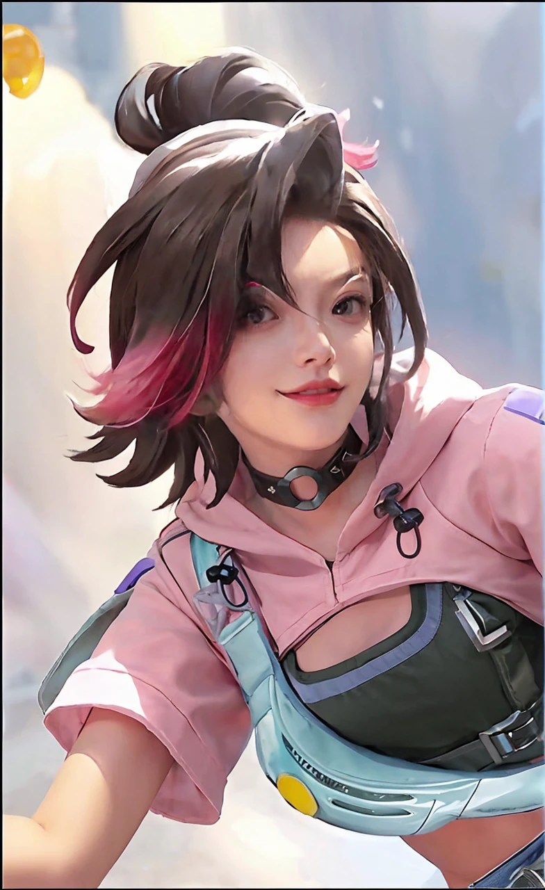 best qualtiy, Ultra-high resolution, (realisticlying:1.4),cute hairpin,Baoyu Girl,1girll, Beautiful woman with a slim figure:1.4, abs:1.1, (A brown-haired, mideum breasts:1.3), Long pink sweater:1.1, bathroom,Ultra-fine face,Elaborate Eyes,double eyelid,ssmile,choker necklace