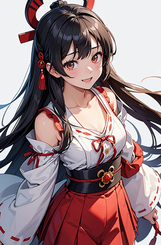 Highest quality, masterpiece, High resolution, 一人in, {Aaron_Kantai Collection:1.15}, black_hair, length_hair, hair_ornament, hairband, brown_eye, hairclip, red面, smile, headgear, chest, Non-traditional_Shrine maiden, hair_between_eye, One Girl, independent_sleeve, Japanese_Clothes, Looking_in_audience, red_skirt, ribbon-trimmed_sleeve, ribbon_trim, skirt, just_shoulder, Simple_background, white_background, Open_mouth, sarashi, wide_sleeve, ((オフィスbackground, リビングbackground))