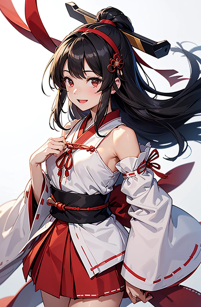 Highest quality, masterpiece, High resolution, 一人in, {Aaron_Kantai Collection:1.15}, black_hair, length_hair, hair_ornament, hairband, brown_eye, hairclip, red面, smile, headgear, chest, Non-traditional_Shrine maiden, hair_between_eye, One Girl, independent_sleeve, Japanese_Clothes, Looking_in_audience, red_skirt, ribbon-trimmed_sleeve, ribbon_trim, skirt, just_shoulder, Simple_background, white_background, Open_mouth, sarashi, wide_sleeve, ((オフィスbackground, リビングbackground))