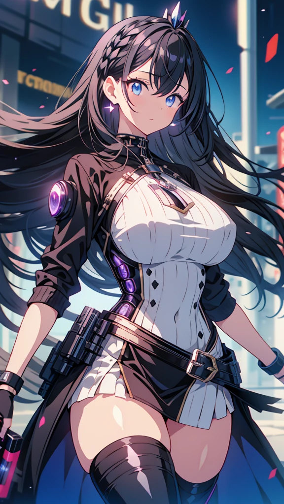 best quality, extremely detailed, anime style adult 1girl, long hair down to the waist, straight hair, ((dark black hair with bluish)),crown braid,beautiful detailed eyes, pinched eyes, dark blue eyes, huge breasts,curvy,(((white main black cyberpunk and magical dress))),feather accessory,((magical girl)),light smile,((amusement park)),animation cap,animated gif