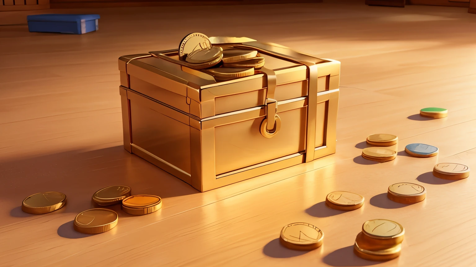 create realistic open chest with gold coins inside, some coins near on the floor, total white background