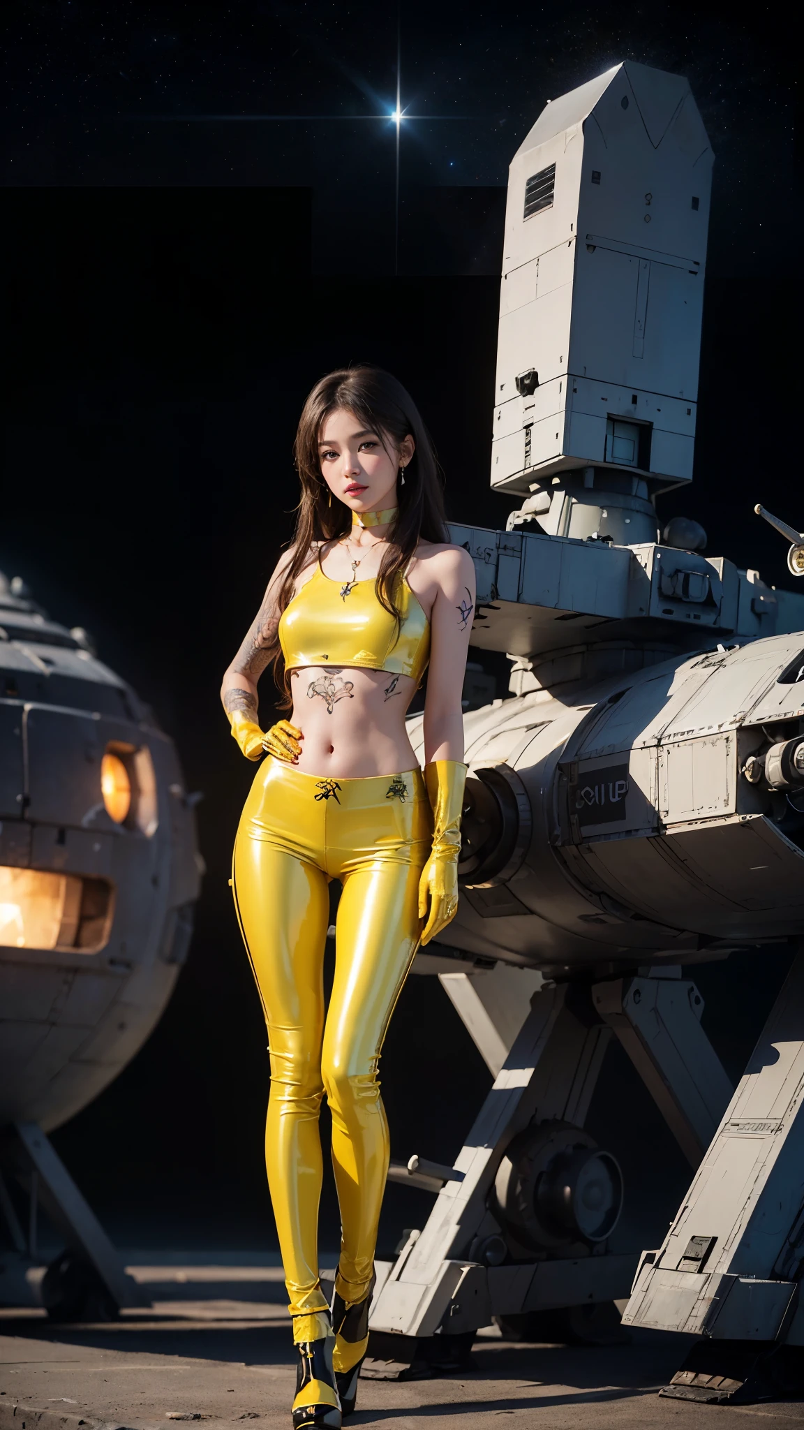 ((masterpiece:1.4)、(Highest quality:1.4)、(Realistic:1.7))、Masterpiece:1.4、(Top-notch rendering:1.4)、(Yuki, the beautiful navigator of the Space Battleship Hikari:1.4)、Super Beauty航海士Yuki、(By Luis Royo:1.4)、(A uniform that accentuates your beautiful figure:1.2)、(Futuristic sci-fi battle fashion:1.2)、(Street Style Wear)、(Tight Fit Pants)、(Shiny luxury latex:1.4)、(Luxury yellow latex:1.4)、19 years old、(Cute Tattoos:1.4)、(Wearing yellow gloves)、Cute Girl、Super Beauty、(Seductive pose)、Sharp Focus、Portrait Photography:1.4、8K、Photorealistic images:1.4、(Perfect female body:1.4)、Perfect proportions、(Standing:1.4)、(Upper body shot:1.4)、Beautiful Face、Fearless look、Beautiful Eyes、(A girl with a beautiful body and slender abdominal muscles)、(Narrow waist:1.4)、(9-body proportions beautiful girl:1.4)、(A beautiful girl with long legs and a good figure:1.4)、Beautiful feet:1.2、(Long Hair:1.2)、Heavy makeup、Eyeshadow、Glow Eye、Glow Lip、Beautiful breasts、Large Breasts:1.2、sexy ass、(Standing facing forward:1.4)、Raw photo、Red lips、Yellow high heels:1.4、choker:1.4、necklace:1.4、Earrings:1.4、1 Screen Display:1.4、Space Battleship Hikari's bridge:1.2