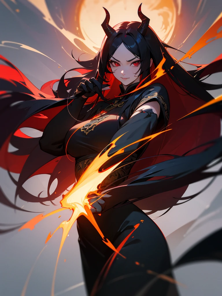 A female dark dragon with long black hair, blood-red eyes, a cunning face, a beautiful woman, black horns, a black tail, wearing a cheongsam dress, holding a shotgun, (best quality, 4k, 8k, highres, masterpiece:1.2), ultra-detailed, (realistic, photorealistic, photo-realistic:1.37), dark fantasy, cinematic lighting, striking pose, vivid colors, intricate details, sharp focus