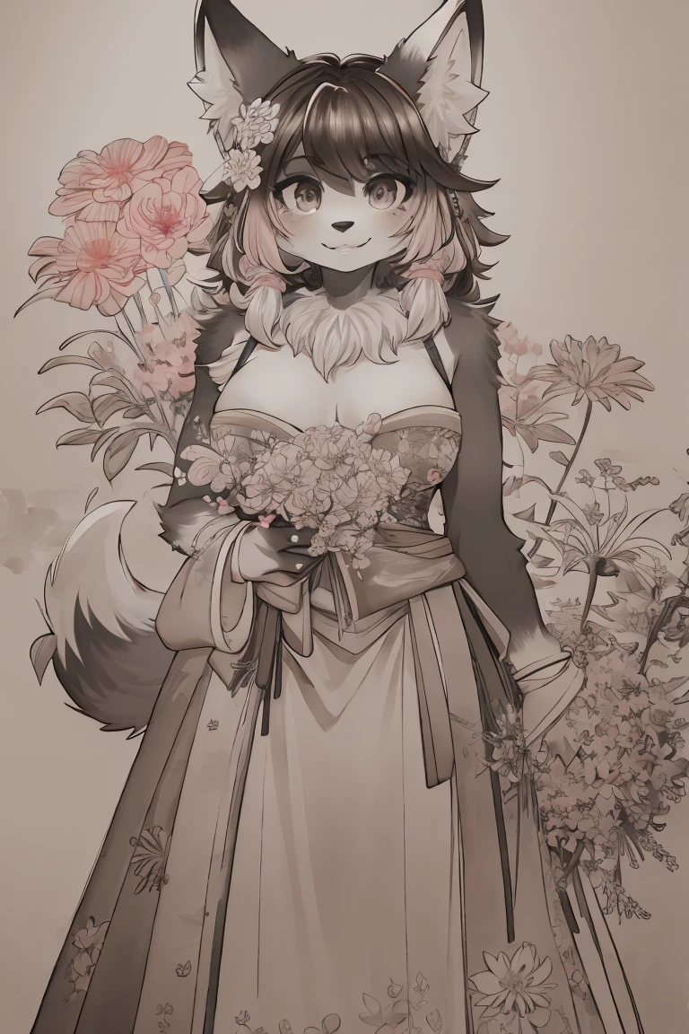 monochrome, watercolor, high resolution, Top quality, best quality, Paid rewards available, High quality illustrations, An unrivalled masterpiece, Perfect work of art, absurd, 1 Girl, Beast field, hairy, Delicate body hair, Animal Face, Animal hands, Ancient smile, Hands holding a bunch of pink flowers, At chest height, She wears a simple ring on her left ring finger, Pink flowers blooming, Fan creations shared on Pixiv or other platforms ,furry,hairy,fox