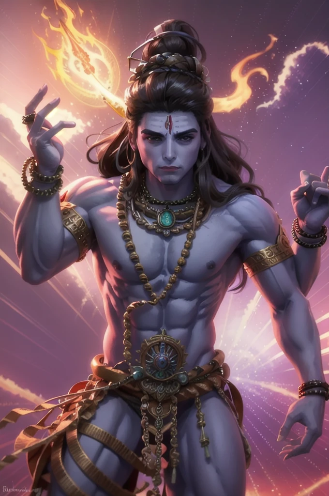 (epic),(man),jewelry,male focus,long hair,purple skin,muscular,(trishul),(powerful pose),(dramatic lighting),(intense expression),(ornate clothing),(detailed background),(mythical creatures),(divine aura),