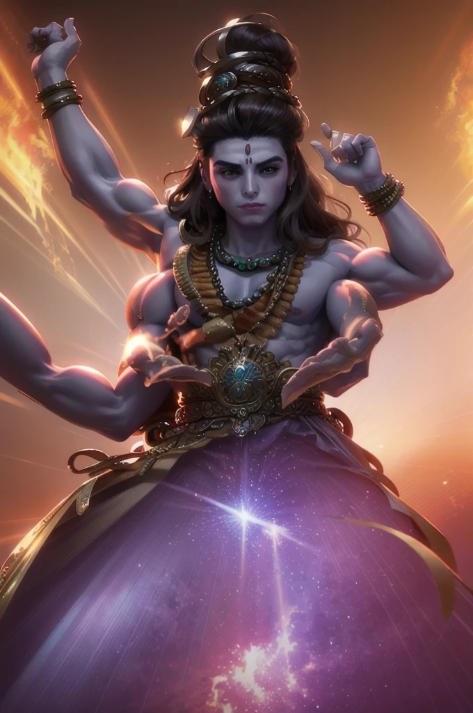 (epic),(man),jewelry,male focus,long hair,purple skin,muscular,(trishul),(powerful pose),(dramatic lighting),(intense expression),(ornate clothing),(detailed background),(mythical creatures),(divine aura),