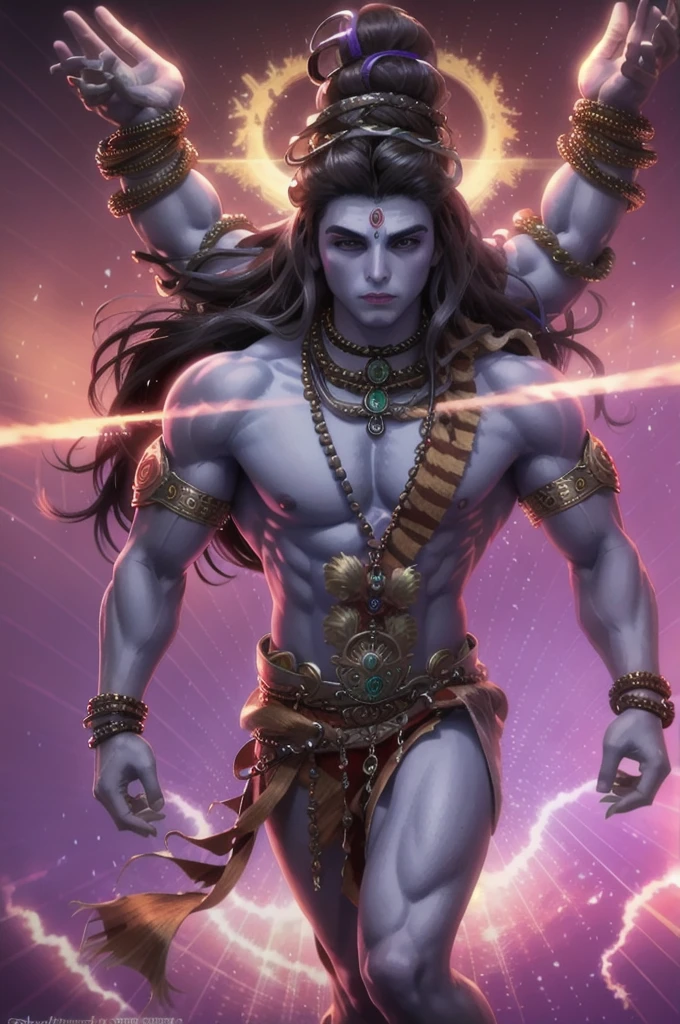 (epic),(man),jewelry,male focus,long hair,purple skin,muscular,(trishul),(powerful pose),(dramatic lighting),(intense expression),(ornate clothing),(detailed background),(mythical creatures),(divine aura),