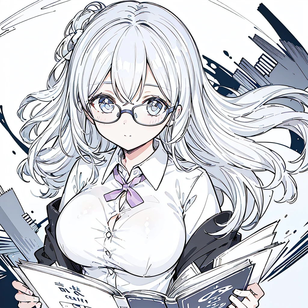 A girl,close up, wearing white shirt, reading a book, (best quality:1.3), (highres:1), (detailed:1.3), (incredible:1.3), (perfect:1.3), (perfection:1.3), (illustration:1.3), she's getting fun while reading it, dynamic on scene,Big Breasts、Glasses