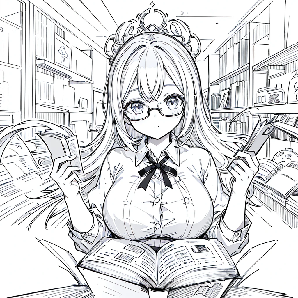 A girl,close up, wearing white shirt, reading a book, (best quality:1.3), (highres:1), (detailed:1.3), (incredible:1.3), (perfect:1.3), (perfection:1.3), (illustration:1.3), she's getting fun while reading it, dynamic on scene,Big Breasts、Glasses