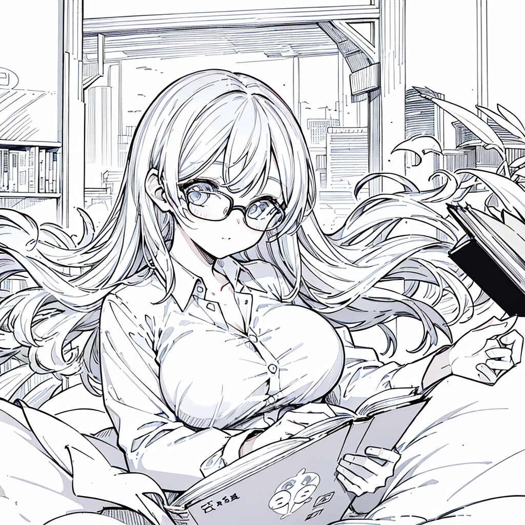 A girl,close up, wearing white shirt, reading a book, (best quality:1.3), (highres:1), (detailed:1.3), (incredible:1.3), (perfect:1.3), (perfection:1.3), (illustration:1.3), she's getting fun while reading it, dynamic on scene,Wear glasses,Big Breasts