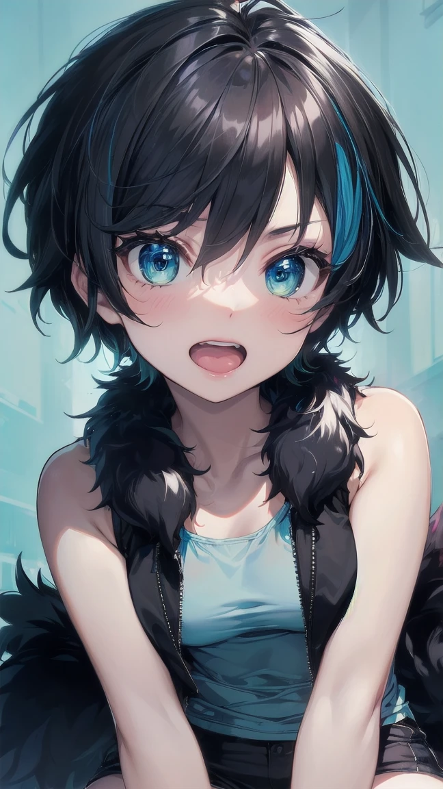 Close-up of a cartoon girl with blue hair and a yellow shirt, 2D Animation, 2D Animation style, 2D Art, 2D Art, 2D from Gorillaz, 2D from Gorillaz, 2D Gorillaz, Screaming Cerket, 2D Sprites, Jinx Face, short hair, Small breasts, hot pants, ((Black Hair, Bright blue fur inside:1.4))