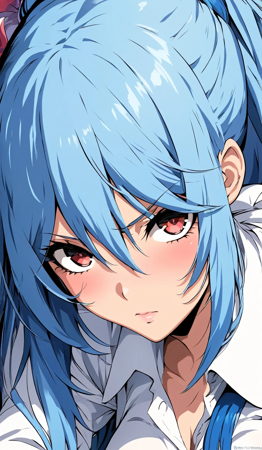 Masterpiece, Very detailed, Ultra-detailed, One, (1 woman), Close-up of a woman with blue hair and a white shirt, anime drawing inspired by Ib Eisner, trending on pixiv, auto-destructive art, sona - slim, reincarnated like slime, ikki tousen, anime moe artstyle, tensei shitara slime datta ken, seductive anime girl, rimuru