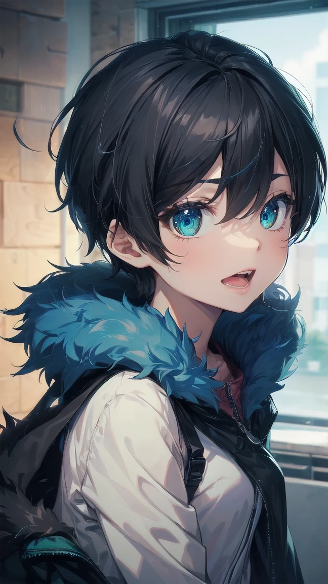 Close-up of a cartoon girl with blue hair and a yellow shirt, 2D Animation, 2D Animation style, 2D Art, 2D Art, 2D from Gorillaz, 2D from Gorillaz, 2D Gorillaz, Screaming Cerket, 2D Sprites, Jinx Face, short hair, Small breasts, hot pants, ((Black Hair, Bright blue fur inside:1.4))
