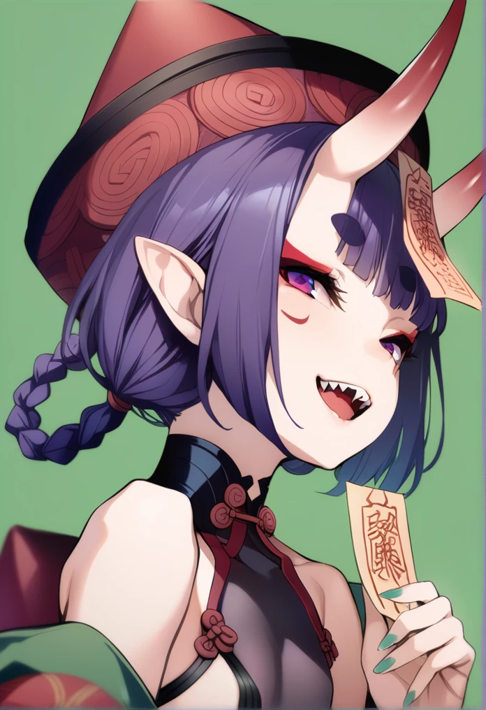 masterpiece, best quality, 1girl, shuten douji \(fate\), purple hair, horns, hat, solo, oni horns, teeth, braid, open mouth, sharp teeth, purple eyes, jiangshi, pointy ears, smile, qing guanmao, green background, skin-covered horns, oni, looking at viewer, simple background, hair rings, chinese clothes, makeup, ofuda, short eyebrows, bangs, short hair, from side, twin braids, facial mark, eyeliner, portrait, black headwear, talisman