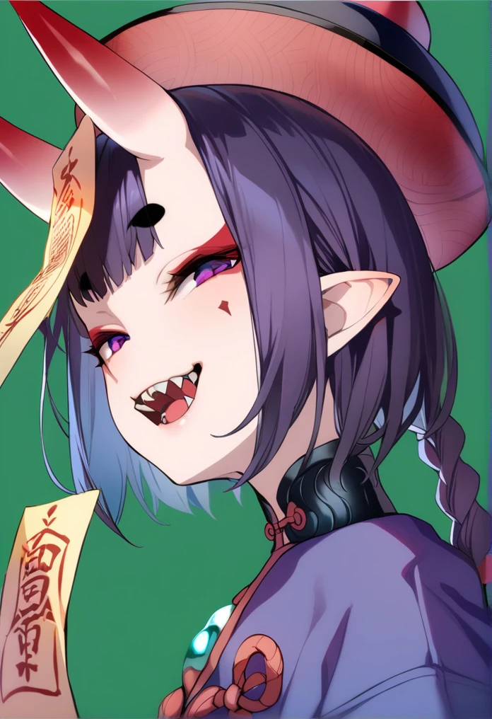 masterpiece, best quality, 1girl, shuten douji \(fate\), purple hair, horns, hat, solo, oni horns, teeth, braid, open mouth, sharp teeth, purple eyes, jiangshi, pointy ears, smile, qing guanmao, green background, skin-covered horns, oni, looking at viewer, simple background, hair rings, chinese clothes, makeup, ofuda, short eyebrows, bangs, short hair, from side, twin braids, facial mark, eyeliner, portrait, black headwear, talisman