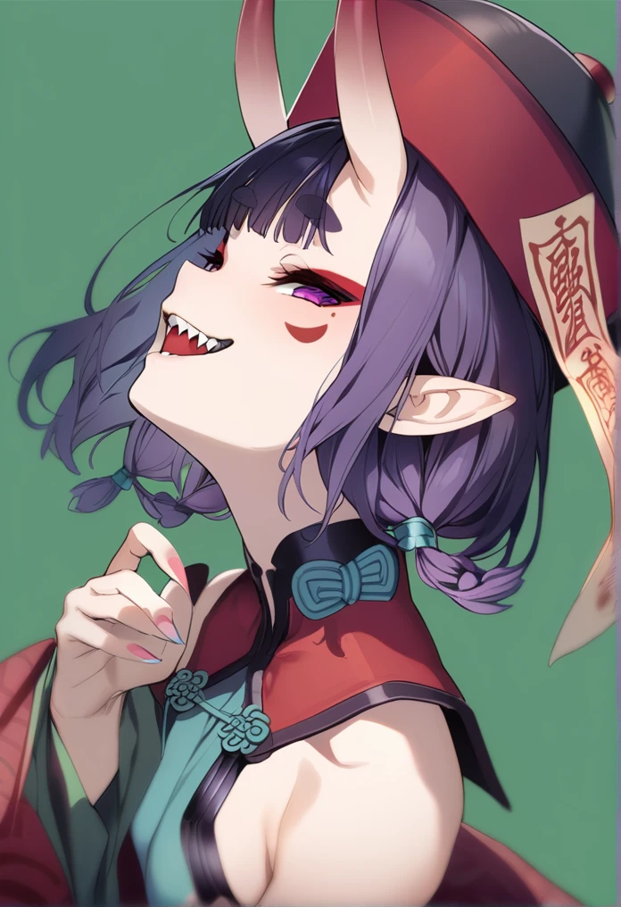 masterpiece, best quality, 1girl, shuten douji \(fate\), purple hair, horns, hat, solo, oni horns, teeth, braid, open mouth, sharp teeth, purple eyes, jiangshi, pointy ears, smile, qing guanmao, green background, skin-covered horns, oni, looking at viewer, simple background, hair rings, chinese clothes, makeup, ofuda, short eyebrows, bangs, short hair, from side, twin braids, facial mark, eyeliner, portrait, black headwear, talisman