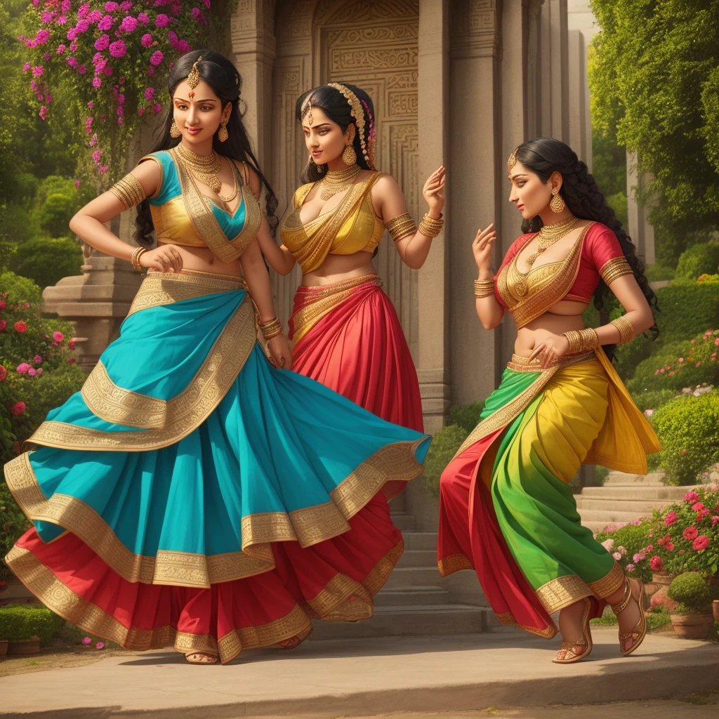 two women in saris are dancing in a garden, indian art, painting of beautiful, beautiful women, a beautiful artwork illustration, beautiful depiction, beautiful goddess, beautiful digital artwork, godesses, hindu art, beautiful painting of friends, goddess art, beautiful godrays, dancers, godess, indian goddess, hindu aesthetic, beautiful art uhd 4 k, very very huge breast 