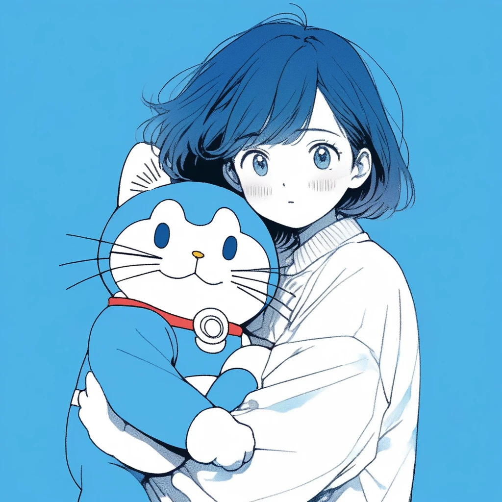 Illustration Style, anime , Realistic ,sketch ,order, Blue gradient background, Neon Hair,Doraemon,Textured Crops, Canadian, (masterpiece,Highest quality)
