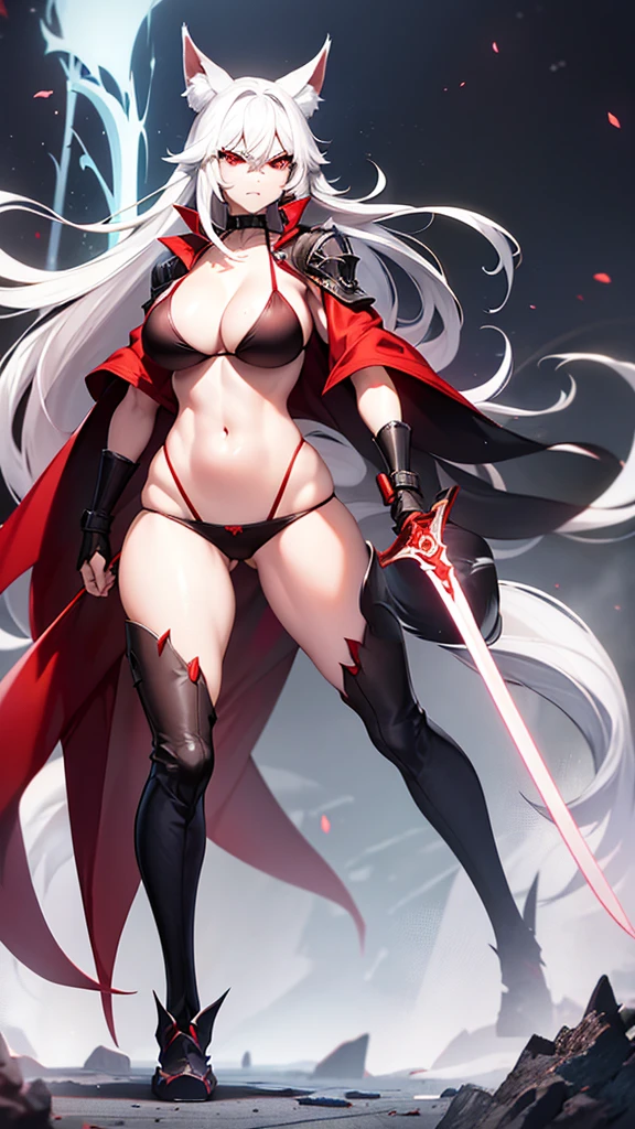 An adult woman, half fox and wolf, white hair, red eyes, wide breasts, very angry, standing, in a bikini, holding a sword