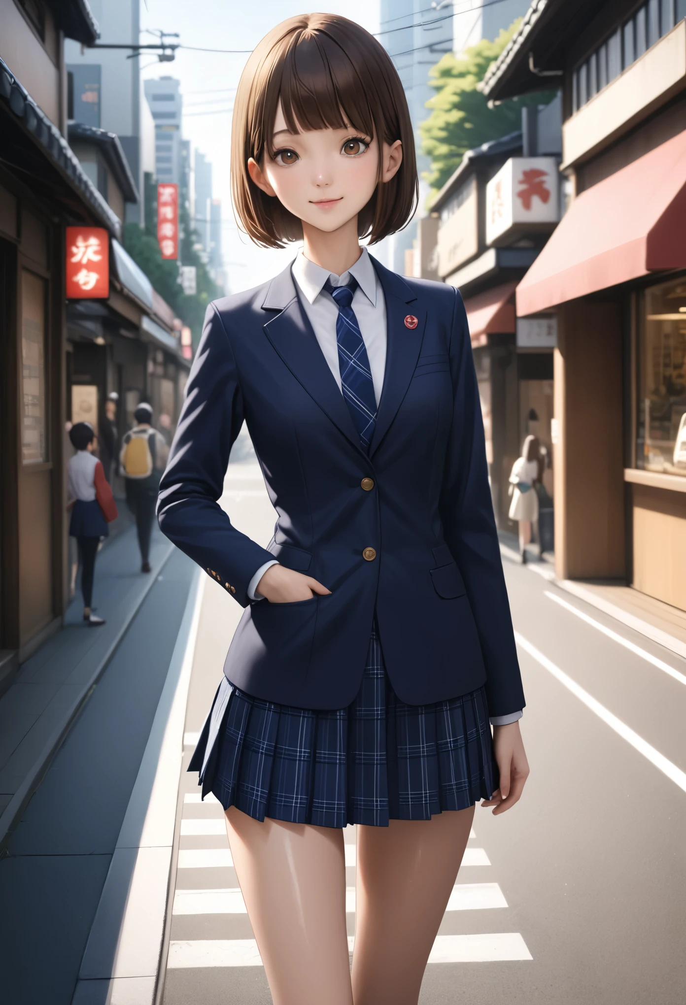 (realistic:1.5,masterpiece,Highest quality:1.3,best quality illustration),cowboy shot,1woman,20 year old Japanese beauty,very small head,(short bob brown hair),bangs,brown eyes,gorgeous eyes,blush,smile,medium breasts,((very long body:1.3)),((toned body,slender body,skinny:1.4)),(School uniform、Dark blue blazer jacket、White shirt、Navy blue tie、Dark blue plaid pleated mini skirt),gleaming skin,shiny skin,standing,on street、Tokyo,