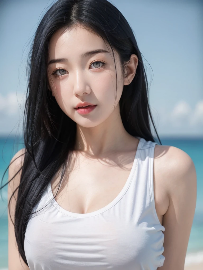1 Girl, Beautiful, Baby Face, 20 Years Old, White Skin, Large Breasts, Sleeveless, Cleavage, White Modern Oversize T-shirt, Posing For Photos, Beautiful Blue Sea, Blue Sky, Grey Hair, Silver Straight Hair, ((adorable:1.1)), ((masterpiece:1.1)), Sleepy Cute Face