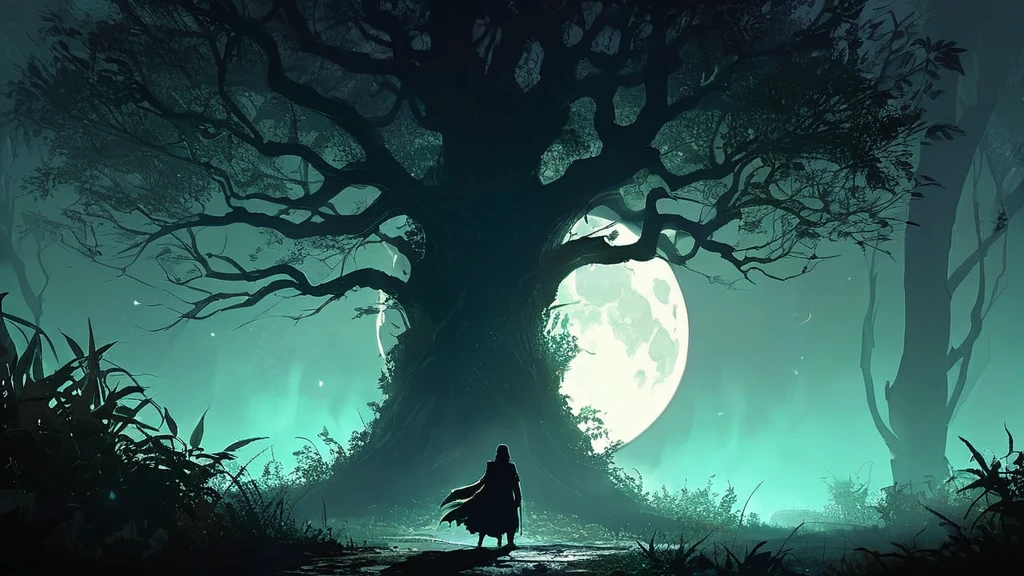 a young boy emerges cautiously from the dense bushes. His face, partially obscured yet faintly visible, reflects a mixture of tension and determination. Sharp eyes scan the surroundings with a seriousness that belies his youthful appearance, hinting at a maturity beyond his years. in a dark night.
Around him, the forest floor is carpeted with fallen leaves and tall grass, bathed in the ethereal silver light of the moon. Shadows dance among ancient trees, casting elongated silhouettes that seem to shift and whisper secrets of a forgotten age.
This scene unfolds in a world steeped in medieval dark fantasy, where unseen dangers lurk amidst the foliage and the very air is heavy with the weight of ancient curses and whispered malevolence. The boy, alone yet resolute, stands as a beacon of hope or perhaps defiance against the encroaching darkness that threatens to consume this mystical realm.