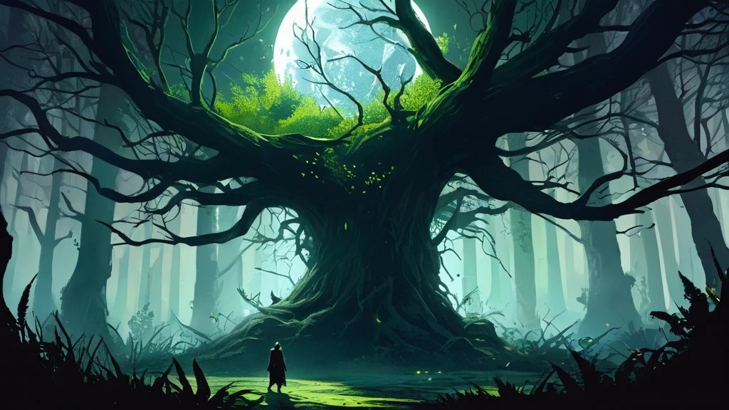 a young boy emerges cautiously from the dense bushes. His face, partially obscured yet faintly visible, reflects a mixture of tension and determination. Sharp eyes scan the surroundings with a seriousness that belies his youthful appearance, hinting at a maturity beyond his years. in a dark night.
Around him, the forest floor is carpeted with fallen leaves and tall grass, bathed in the ethereal silver light of the moon. Shadows dance among ancient trees, casting elongated silhouettes that seem to shift and whisper secrets of a forgotten age.
This scene unfolds in a world steeped in medieval dark fantasy, where unseen dangers lurk amidst the foliage and the very air is heavy with the weight of ancient curses and whispered malevolence. The boy, alone yet resolute, stands as a beacon of hope or perhaps defiance against the encroaching darkness that threatens to consume this mystical realm.