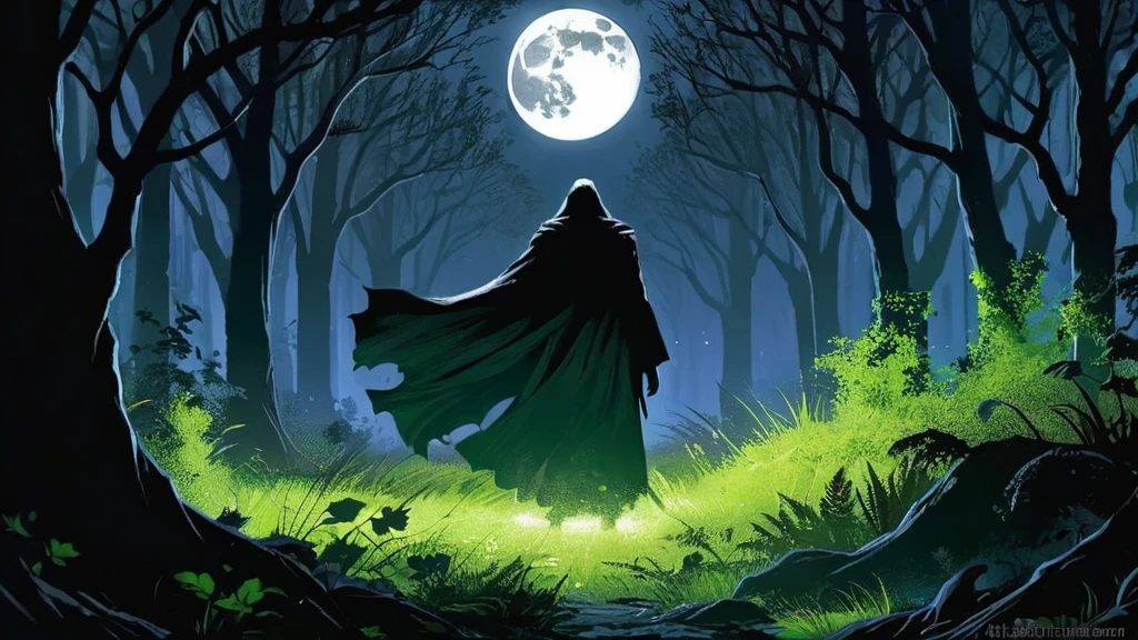 a young boy emerges cautiously from the dense bushes. His face, partially obscured yet faintly visible, reflects a mixture of tension and determination. Sharp eyes scan the surroundings with a seriousness that belies his youthful appearance, hinting at a maturity beyond his years. in a dark night.
Around him, the forest floor is carpeted with fallen leaves and tall grass, bathed in the ethereal silver light of the moon. Shadows dance among ancient trees, casting elongated silhouettes that seem to shift and whisper secrets of a forgotten age.
This scene unfolds in a world steeped in medieval dark fantasy, where unseen dangers lurk amidst the foliage and the very air is heavy with the weight of ancient curses and whispered malevolence. The boy, alone yet resolute, stands as a beacon of hope or perhaps defiance against the encroaching darkness that threatens to consume this mystical realm.