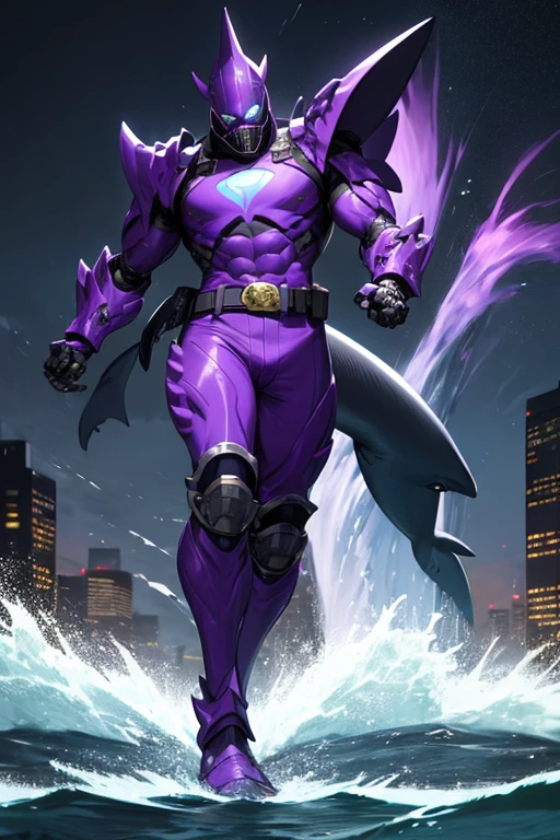 ((best quality)), ((masterpiece)), (detailed), 1 male, full body, 25 years old, masked, purple mask, smooth head, mask covering his mouth, 1 shark crest on his head, diving mask, angry expression, black collar, tall and strong, very athletic, shark fins, grey details, mechanical shark head, shark suit, purple fingerless gloves, purple wristbands, water cannons, shooting water from the wrists, purple suit resembling light armor, purple armor with an emblem, green emblem on his chest, green emblem, purple pants, shark tail, blue knee pads, metallic purple boots, black superhero belt, standing on a pier by the sea, night city background, anime, shark armor