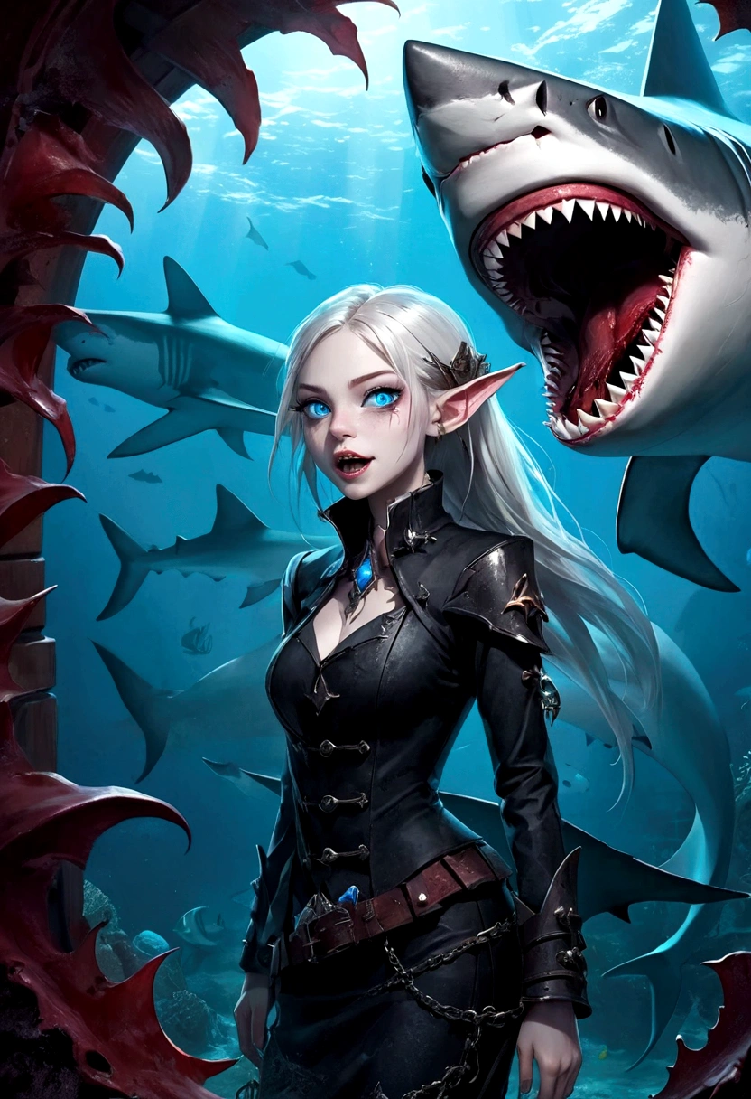 Fantasy Undersea，Shark Elf Girl，blue eyes，Sharp Fangs，Shark fin feature on back，look back,Blood stains at the corners of mouth，fierce，Gothic Art，Dark Wind，Dilapidated cabin of a sunken ship