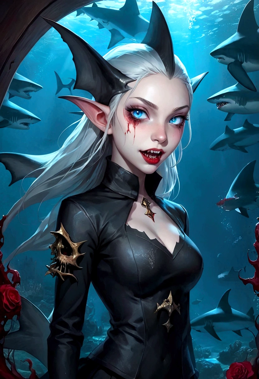 Fantasy Undersea,Shark Elf Girl,blue eyes,Sharp Fangs,Shark fin feature on back,look back,Blood stains at the corners of mouth,fierce,Gothic Art,Dark Wind,Dilapidated cabin of a sunken ship