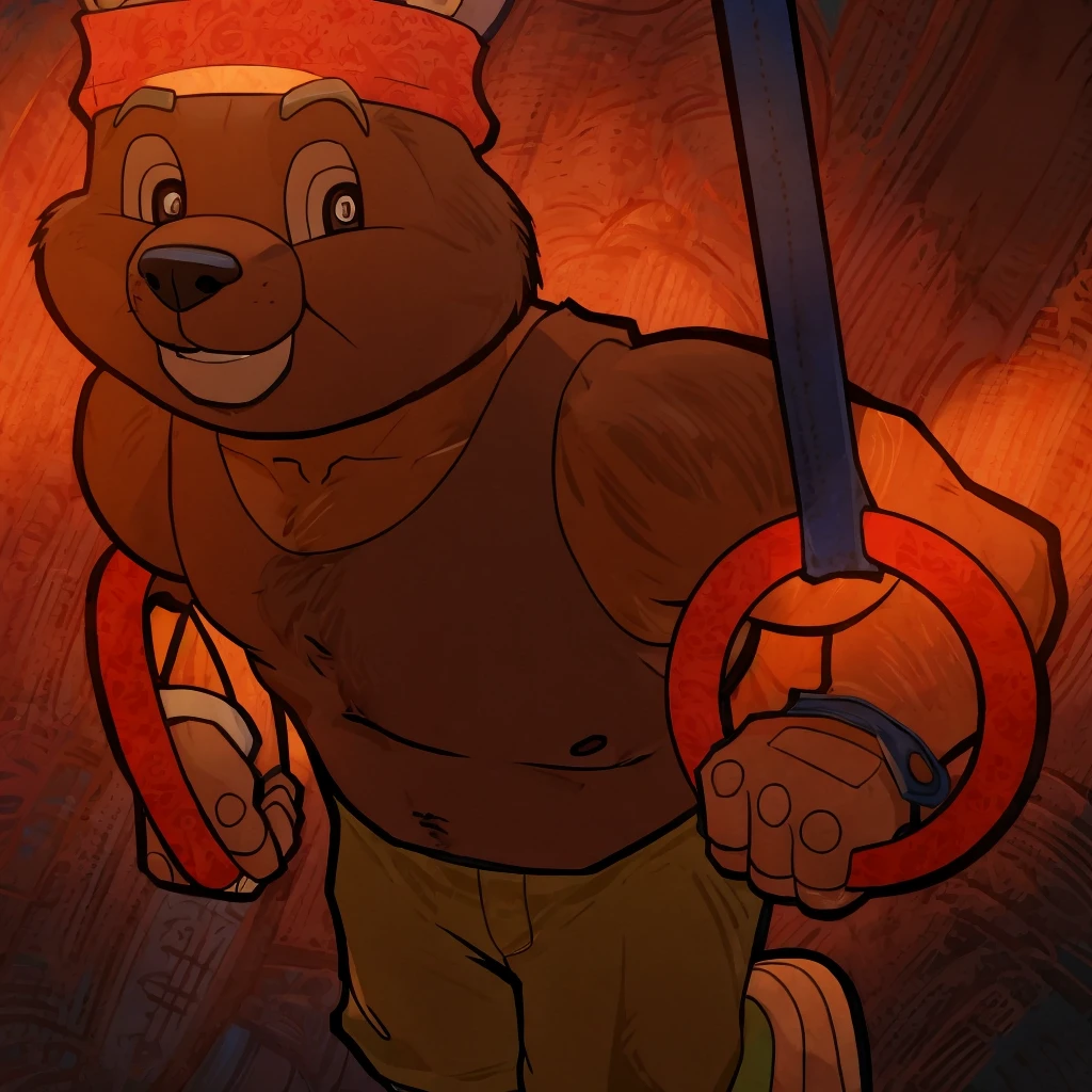 A bear doing crossfit exercises on ring rows, held nike jordan, headband on head, mitts, 1bear, extremely detailed, photo-realistic, 8k, high quality, muscular body, intense workout, shredded physique, athletic pose, dynamic movement, powerful expression, studio lighting, cinematic angle, vivid colors, detailed texture, seamless integration
